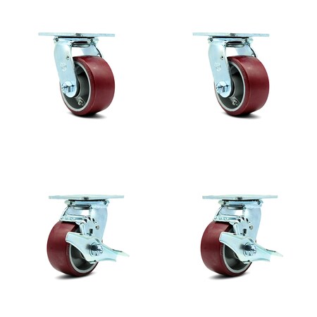 Service Caster 4 Inch Poly on Aluminum Swivel Caster Set with Roller Bearings 2 Brakes SCC SCC-30CS420-PAR-2-TLB-2